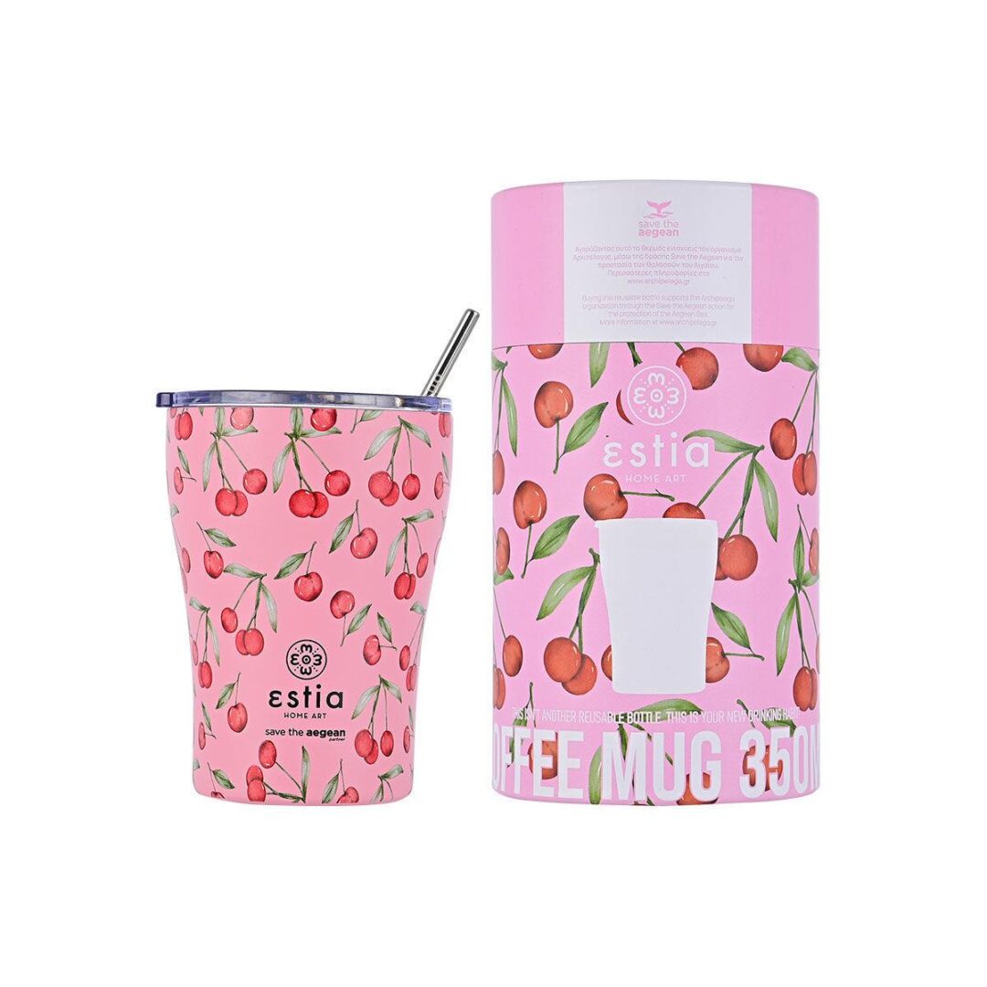 Θερμός Coffee Mug Save the Aegean με βουρτσάκι καθαρισμού 350ml Cherry Rose ροζ Estia 01-16876